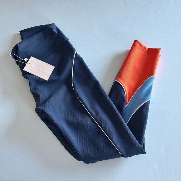 NWT WILO THE LABEL 2 Piece Ribbed Racer Panel Bra Legging Set Navy Orange Sz M - Picture 8 of 10